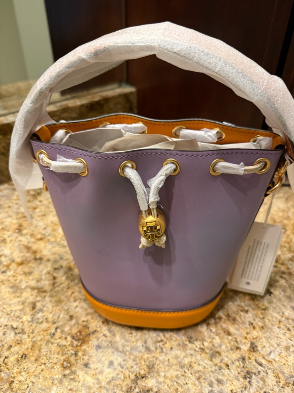 Tory Burch Lavender and Tan Leather Drawstring Bucket Bag